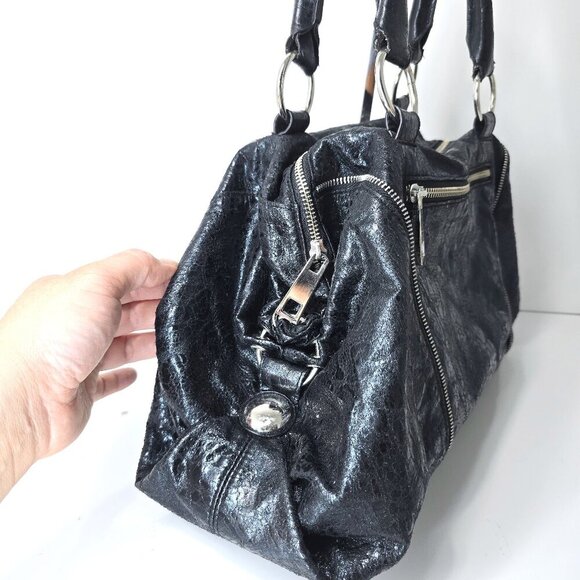 Express Black Cracked Leather Hobo Bag Shoulder Purse Shiny Large Satchel - Picture 3 of 12